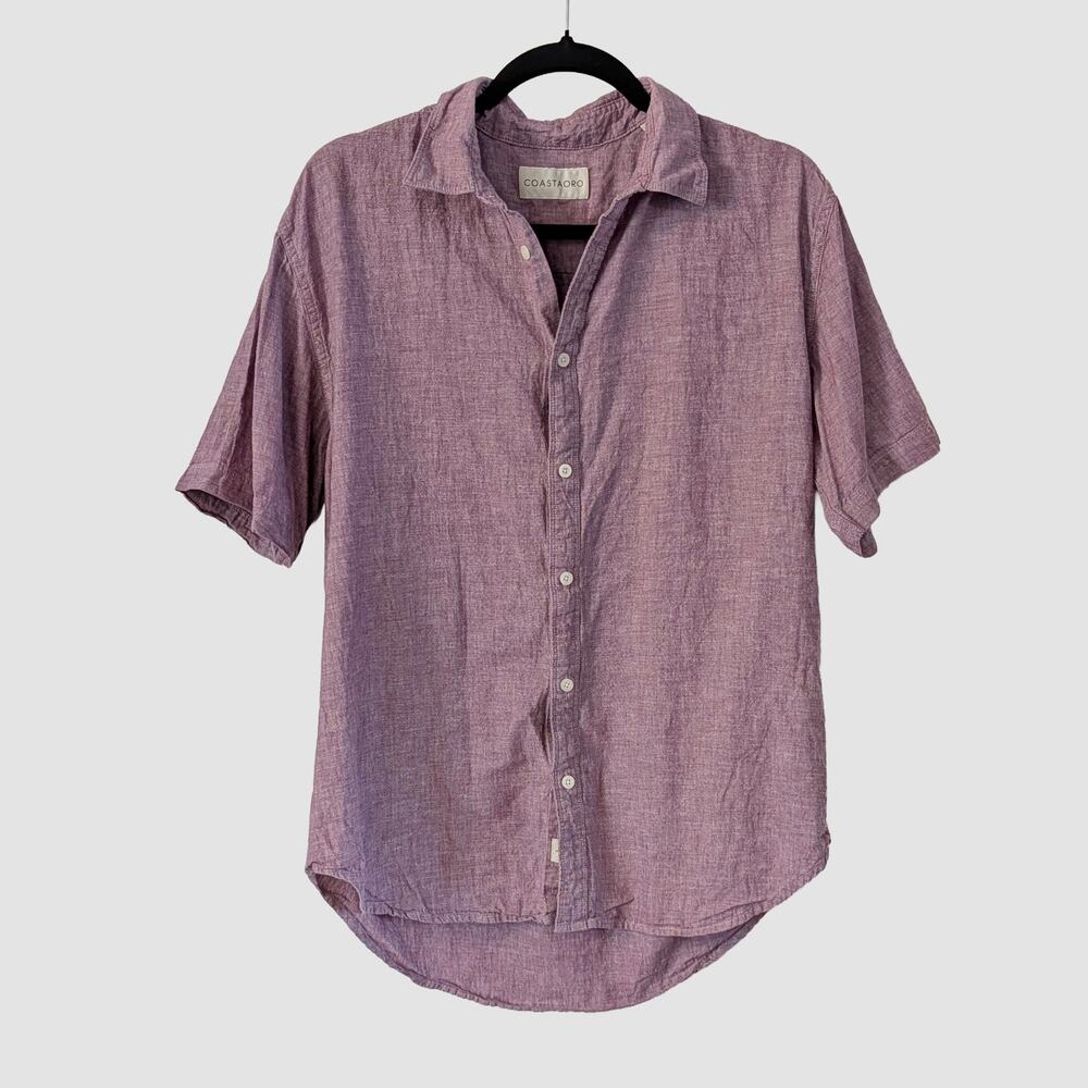 Coastaoro Linen Cotton Button Front Shirt Purple Short Sleeve Mens Large